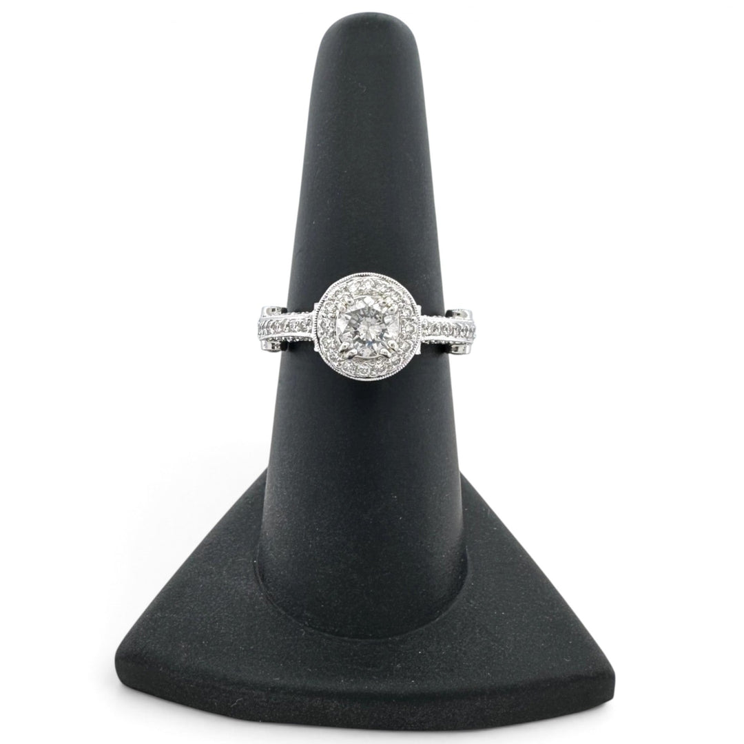 EGL Graded 0.63ct Round Brilliant Center Natural Diamond Halo Engagement Ring in 18k White Gold