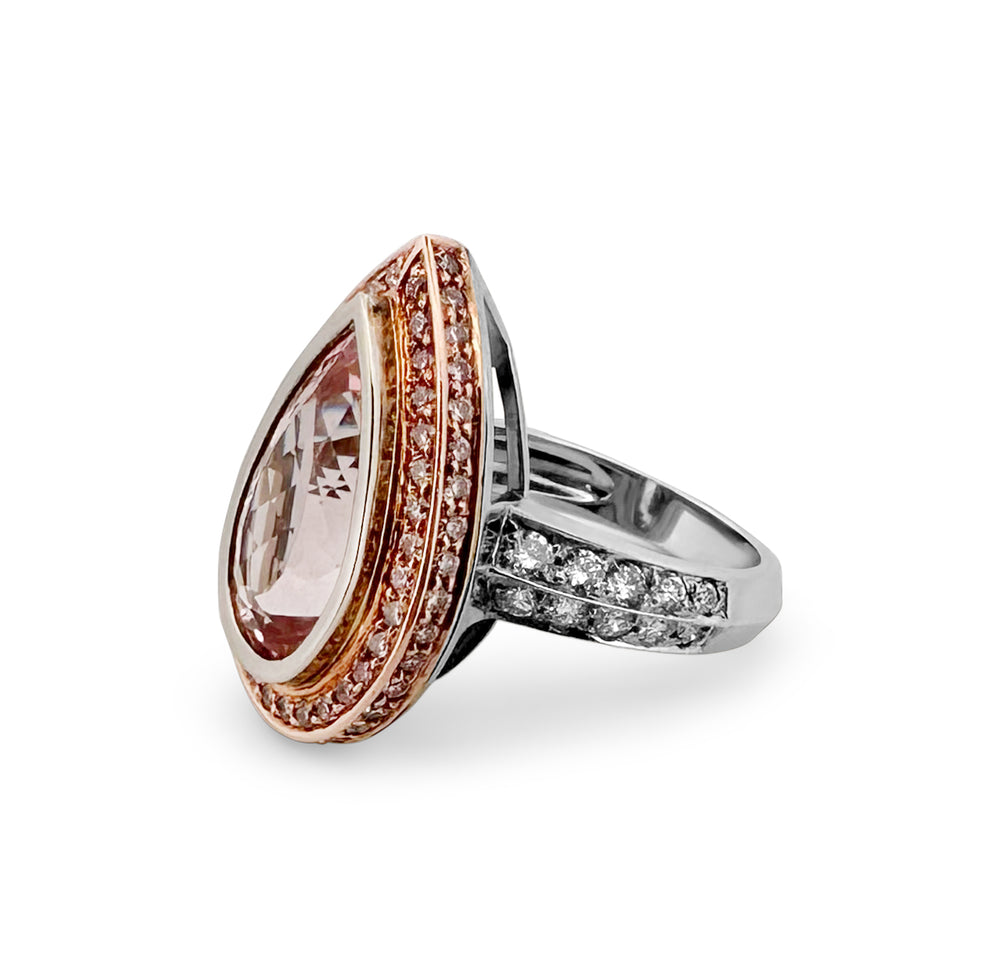 Morganite with Pink and White Round Brilliant Diamonds 18k Rose and White Gold Ring - side