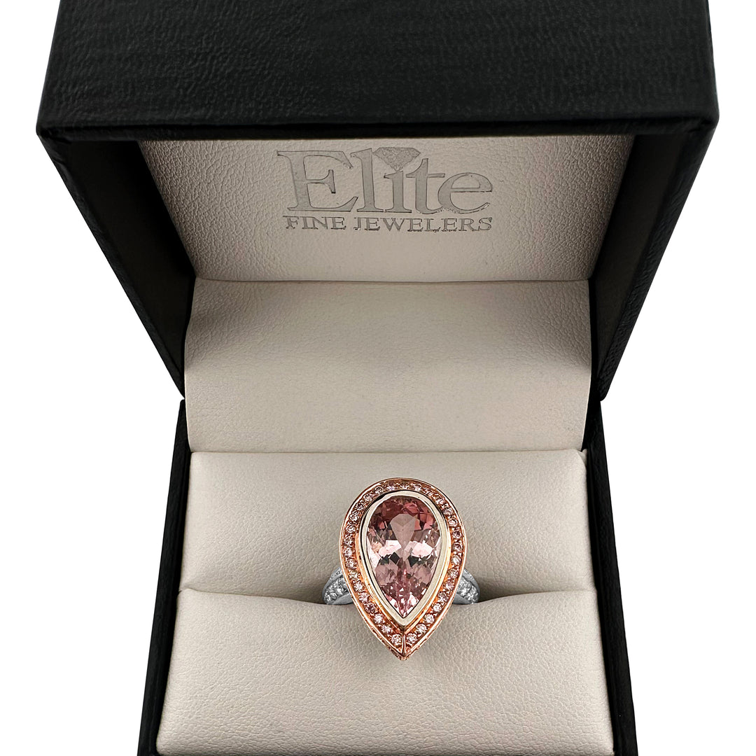 Morganite with Pink and White Round Brilliant Diamonds 18k Rose and White Gold Ring - in box