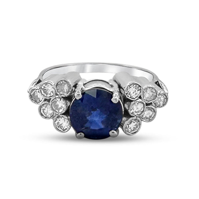 Round Blue Sapphire & Round Brilliant Natural Diamond Cocktail Ring in 18k White Gold