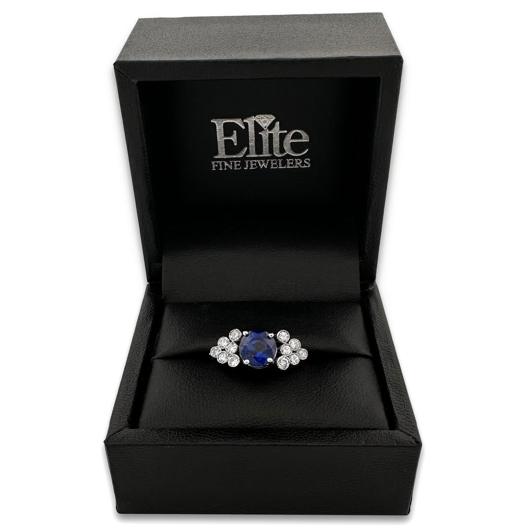 Round Blue Sapphire & Round Brilliant Natural Diamond Cocktail Ring in 18k White Gold