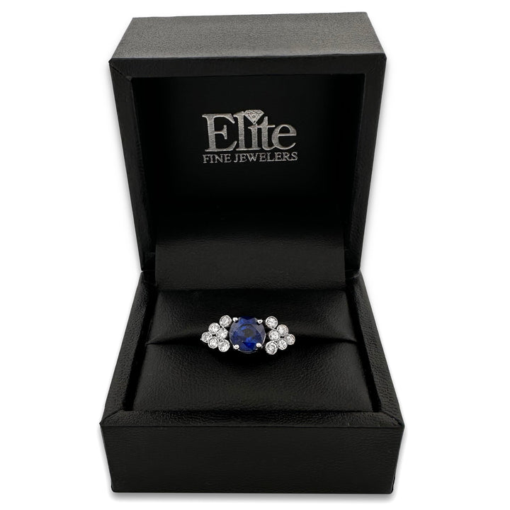 Round Blue Sapphire & Round Brilliant Natural Diamond Cocktail Ring in 18k White Gold
