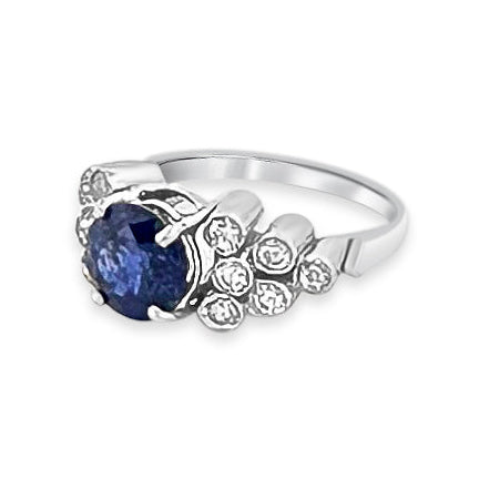 Round Blue Sapphire & Round Brilliant Natural Diamond Cocktail Ring in 18k White Gold