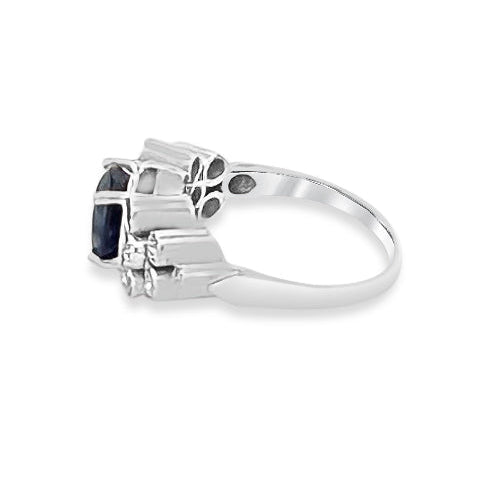Round Blue Sapphire & Round Brilliant Natural Diamond Cocktail Ring in 18k White Gold