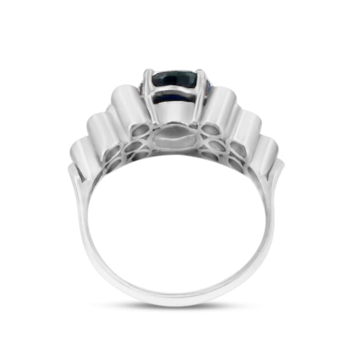 Round Blue Sapphire & Round Brilliant Natural Diamond Cocktail Ring in 18k White Gold