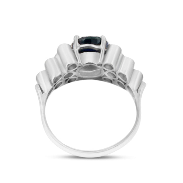 Round Blue Sapphire & Round Brilliant Natural Diamond Cocktail Ring in 18k White Gold