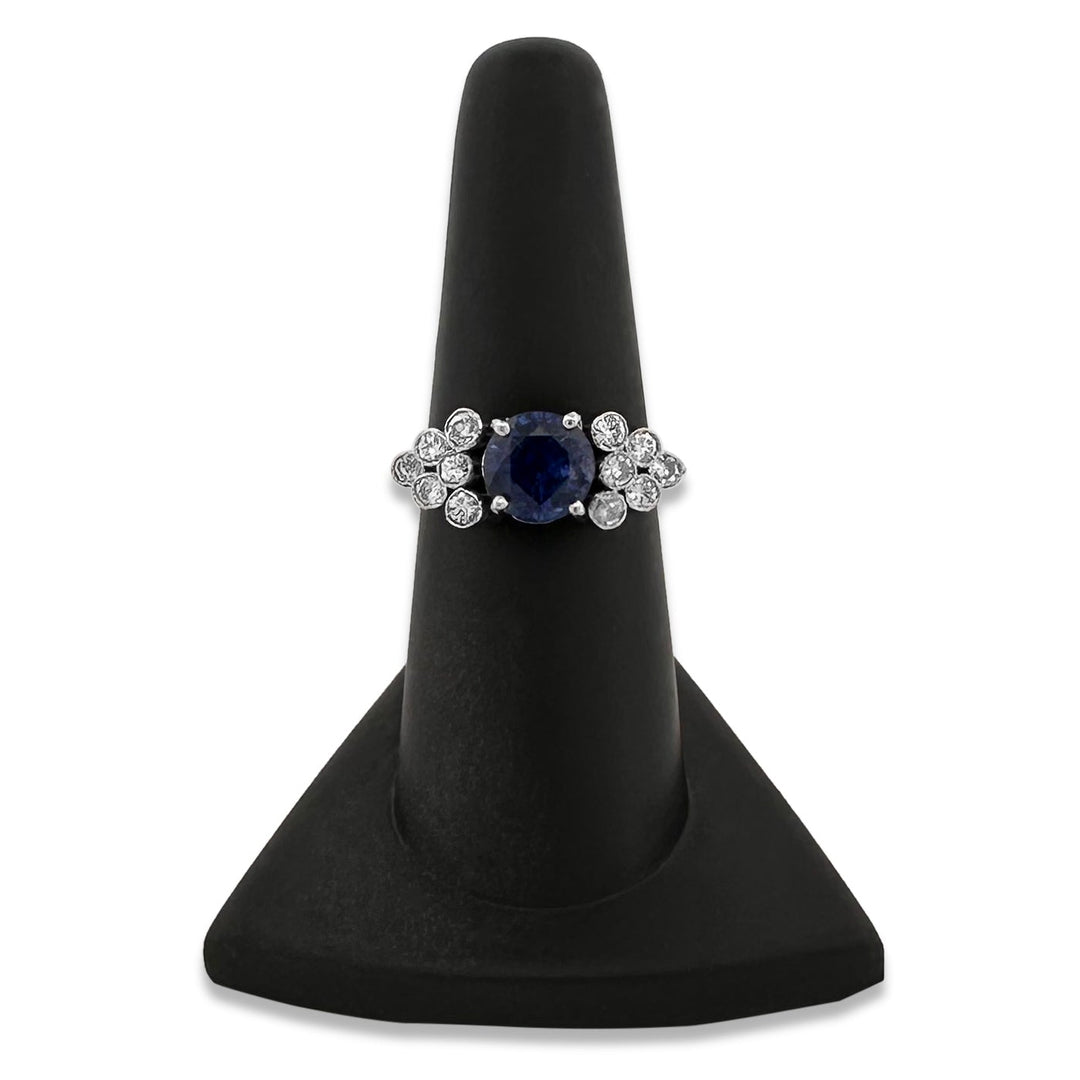 Round Blue Sapphire & Round Brilliant Natural Diamond Cocktail Ring in 18k White Gold