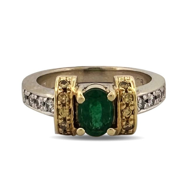 Oval Emerald with Colorless, Yellow and Black Diamonds Cocktail Ring in 18k Two-tone Gold