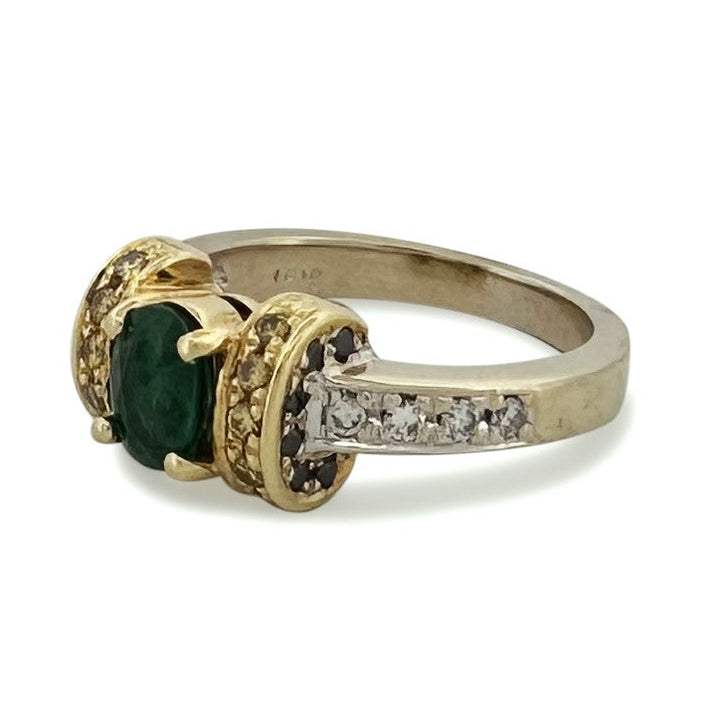 Oval Emerald with Colorless, Yellow and Black Diamonds Cocktail Ring in 18k Two-tone Gold