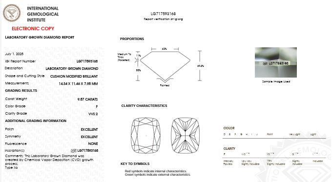 Loose IGI Graded 9.57ct Cushion Cut Lab-Grown Diamond, F Color VVS2 Clarity