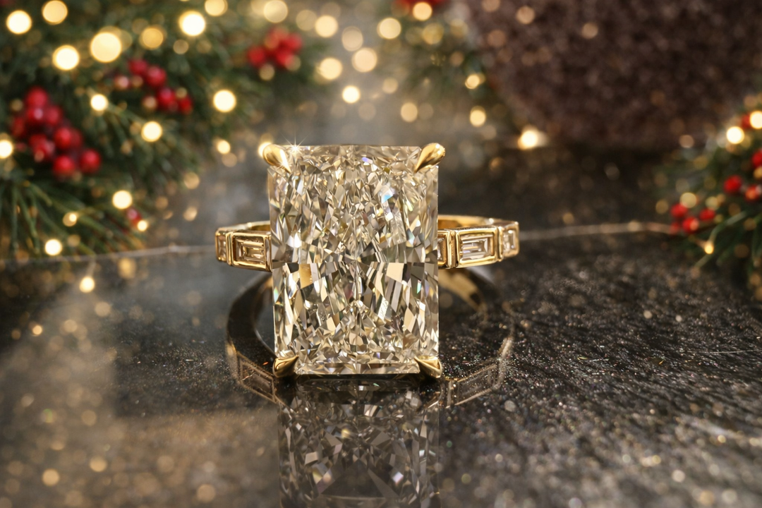 IGI Graded 4.04ct Radiant Cut Center with Baguette Sides Lab-Grown Diamond Engagement Ring in 14k Yellow Gold