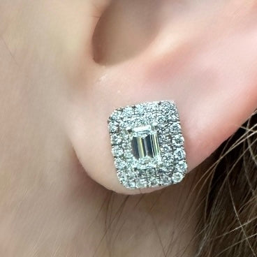 1.15ctw Emerald Cut with Double Halo Natural Diamond Earrings in 14k White Gold