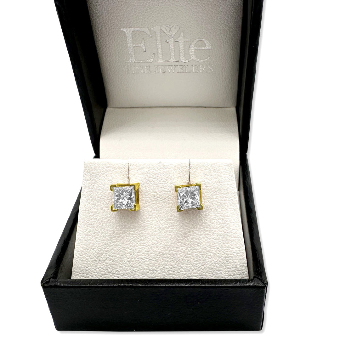 EGL Graded 1.05ctw Princess Cut Natural Diamond Stud Earrings in 14k Yellow Gold
