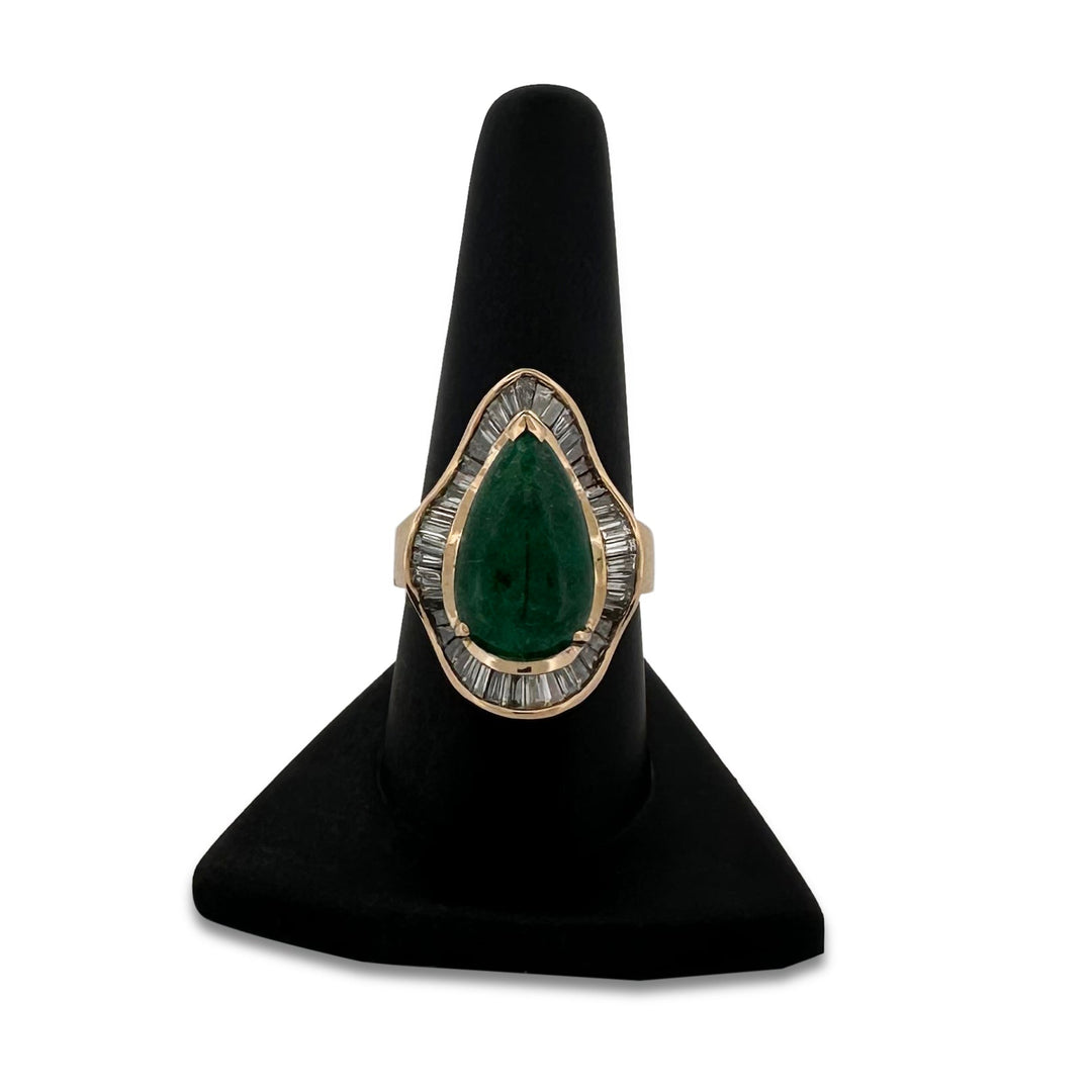6ct Pear-Shaped Emerald Cabochon and Natural Diamond Cocktail Ring in 18k Yellow Gold
