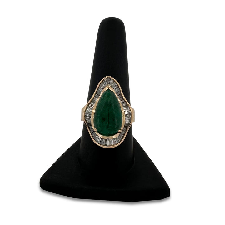 6ct Pear-Shaped Emerald Cabochon and Natural Diamond Cocktail Ring in 18k Yellow Gold