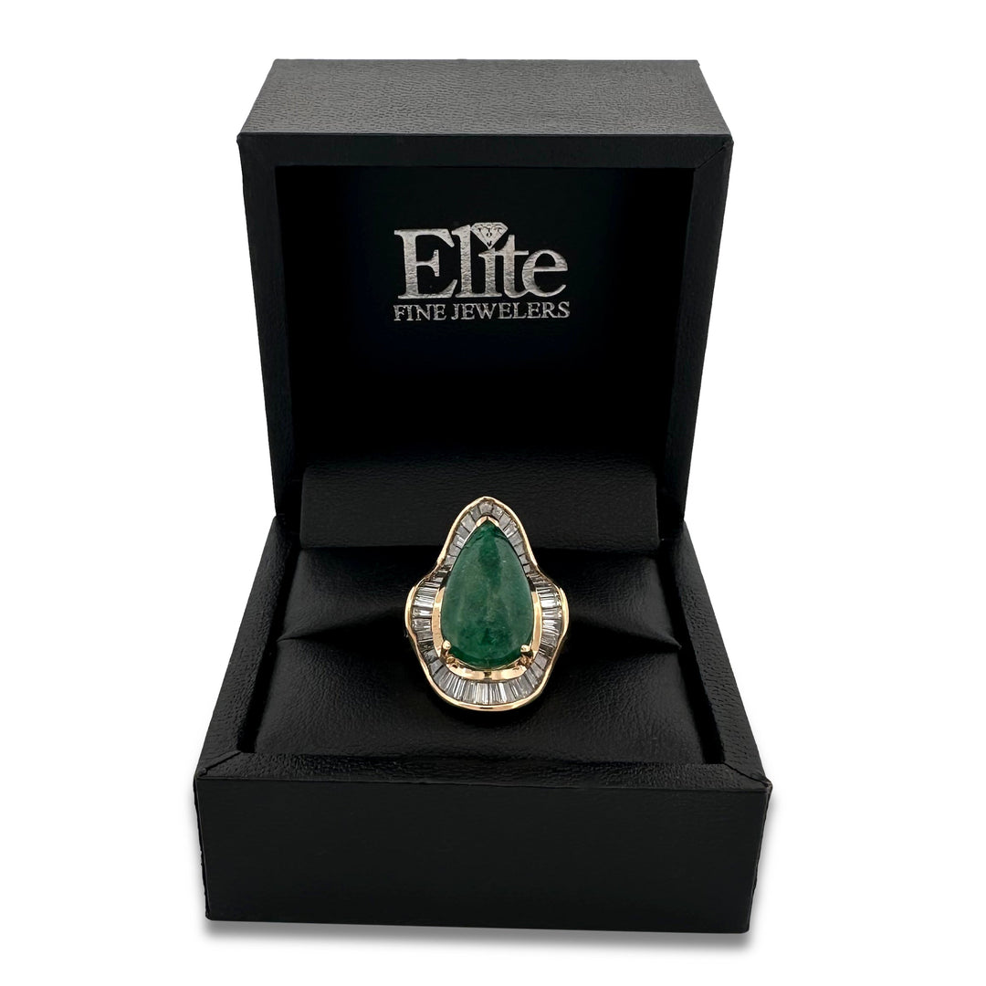 6ct Pear-Shaped Emerald Cabochon and Natural Diamond Cocktail Ring in 18k Yellow Gold