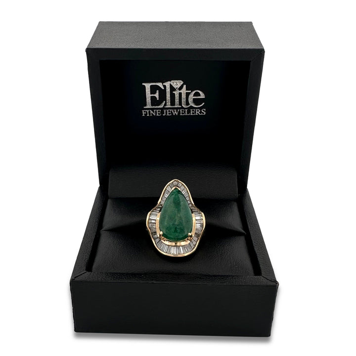 6ct Pear-Shaped Emerald Cabochon and Natural Diamond Cocktail Ring in 18k Yellow Gold