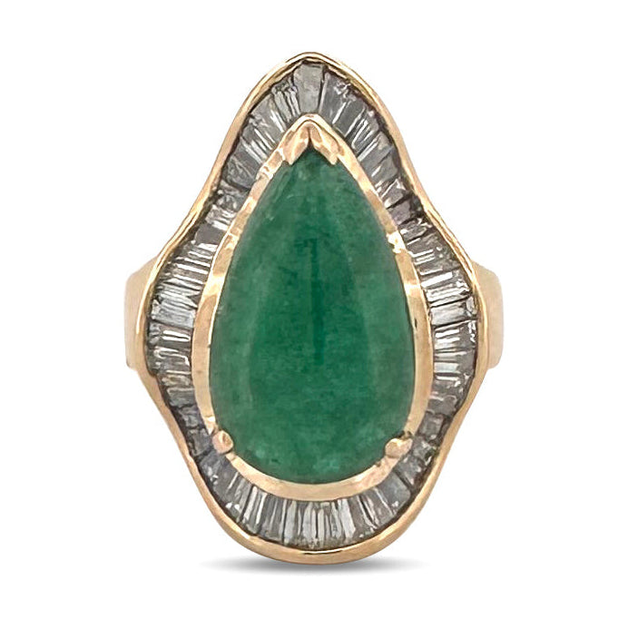 6ct Pear-Shaped Emerald Cabochon and Natural Diamond Cocktail Ring in 18k Yellow Gold