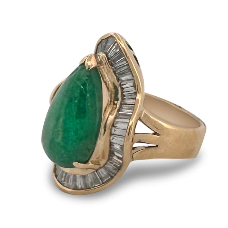 6ct Pear-Shaped Emerald Cabochon and Natural Diamond Cocktail Ring in 18k Yellow Gold