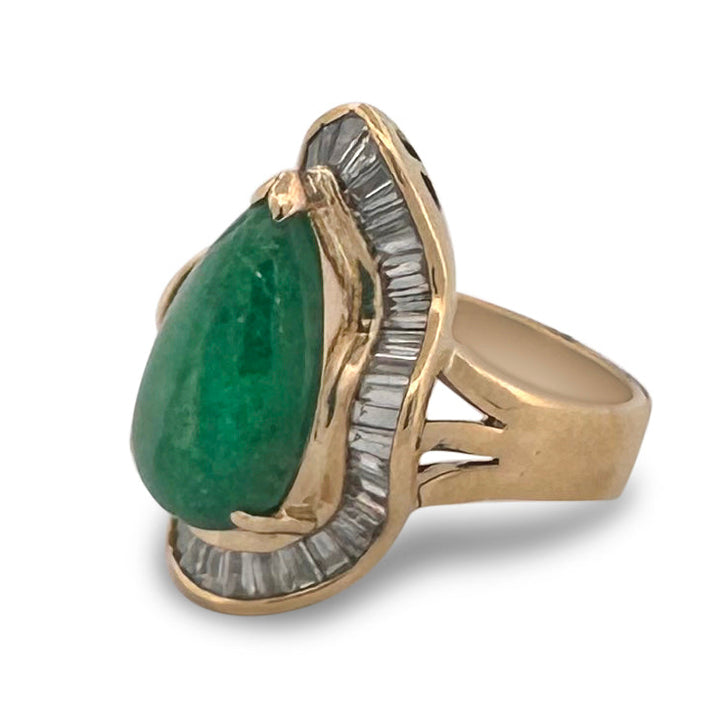 6ct Pear-Shaped Emerald Cabochon and Natural Diamond Cocktail Ring in 18k Yellow Gold