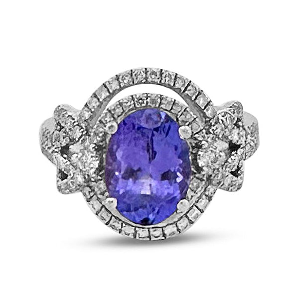 Oval Tanzanite & Round Brilliant Natural Diamond Cocktail Ring in 14k White Gold