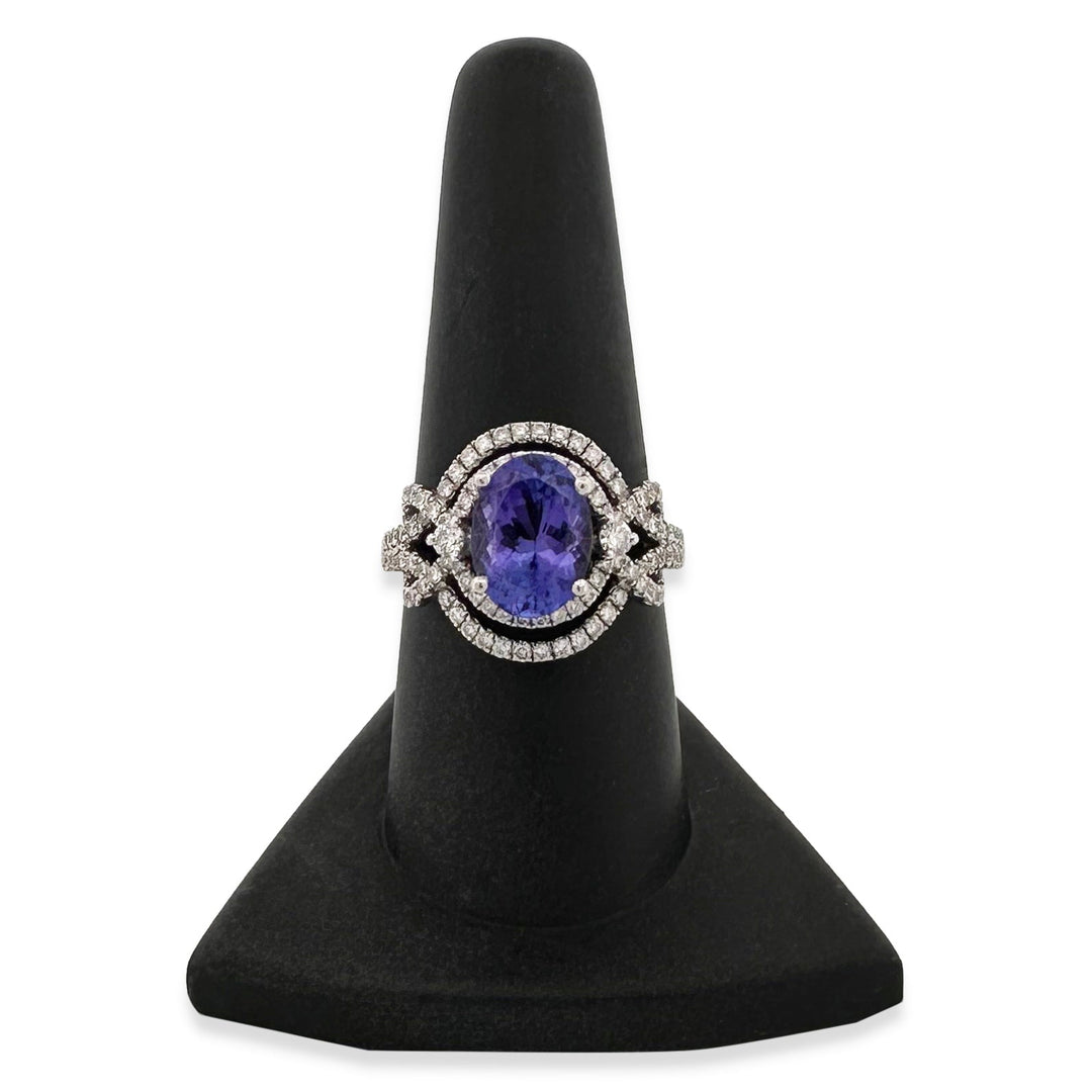 Oval Tanzanite & Round Brilliant Natural Diamond Cocktail Ring in 14k White Gold
