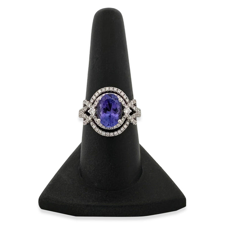Oval Tanzanite & Round Brilliant Natural Diamond Cocktail Ring in 14k White Gold