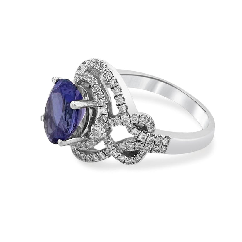 Oval Tanzanite & Round Brilliant Natural Diamond Cocktail Ring in 14k White Gold