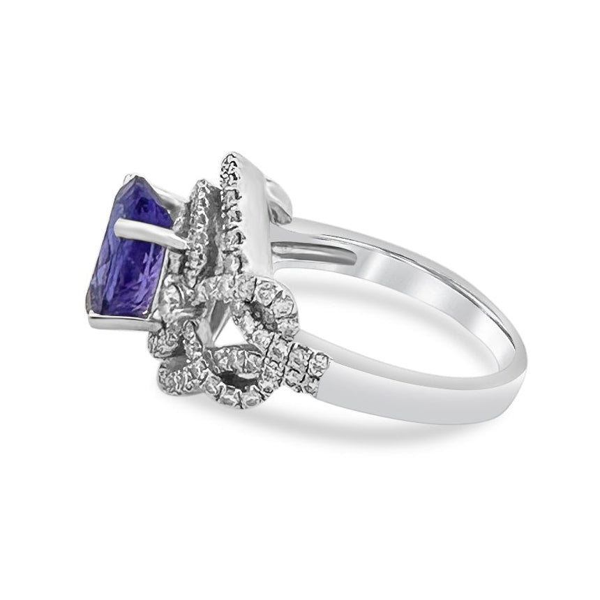 Oval Tanzanite & Round Brilliant Natural Diamond Cocktail Ring in 14k White Gold