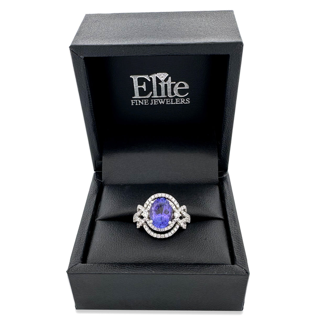 Oval Tanzanite & Round Brilliant Natural Diamond Cocktail Ring in 14k White Gold