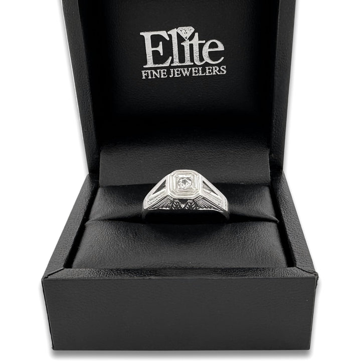 Art Deco 0.15ct Old European Diamond Solitaire Ring in 18k White Gold