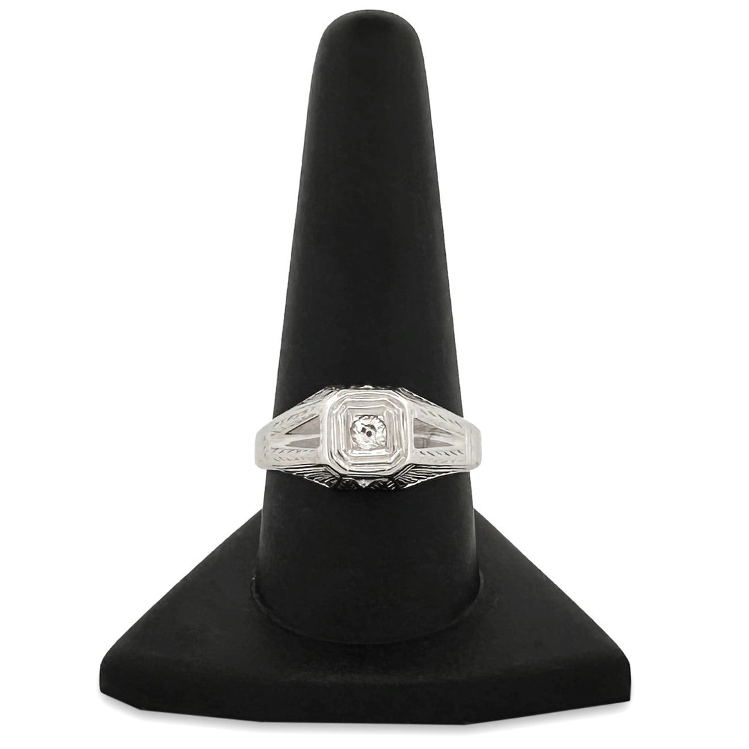 Art Deco 0.15ct Old European Diamond Solitaire Ring in 18k White Gold