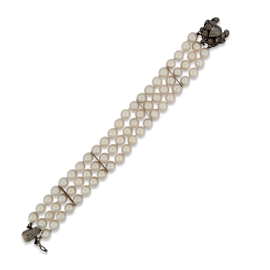 Vintage Cultured Pearl and Rose-Cut Diamond 3-Strand Bracelet in 14k White Gold