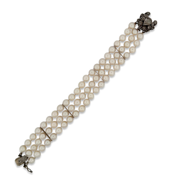 Vintage Cultured Pearl and Rose-Cut Diamond 3-Strand Bracelet in 14k White Gold