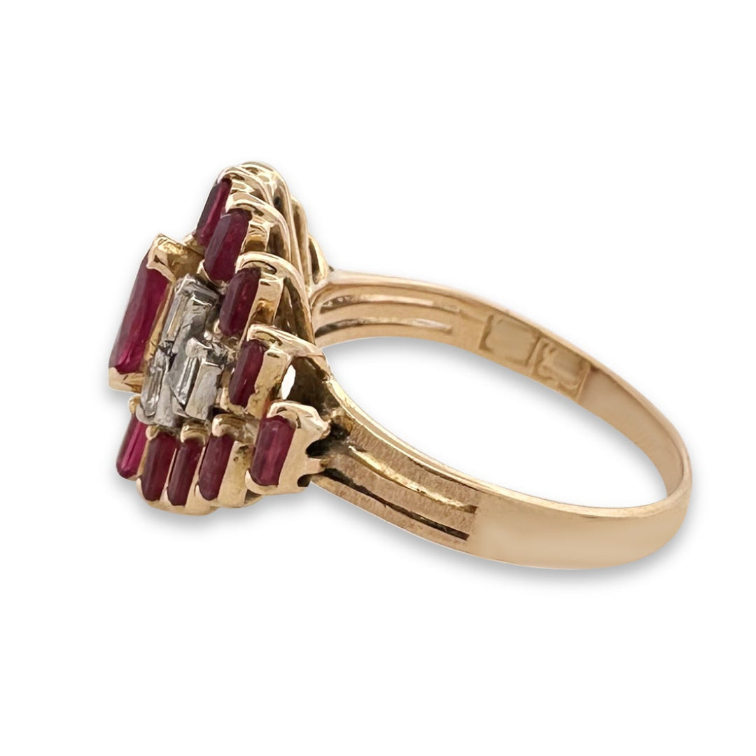Vintage Ruby and Diamond Baguette Cocktail Ring in 18k Two-Tone Gold
