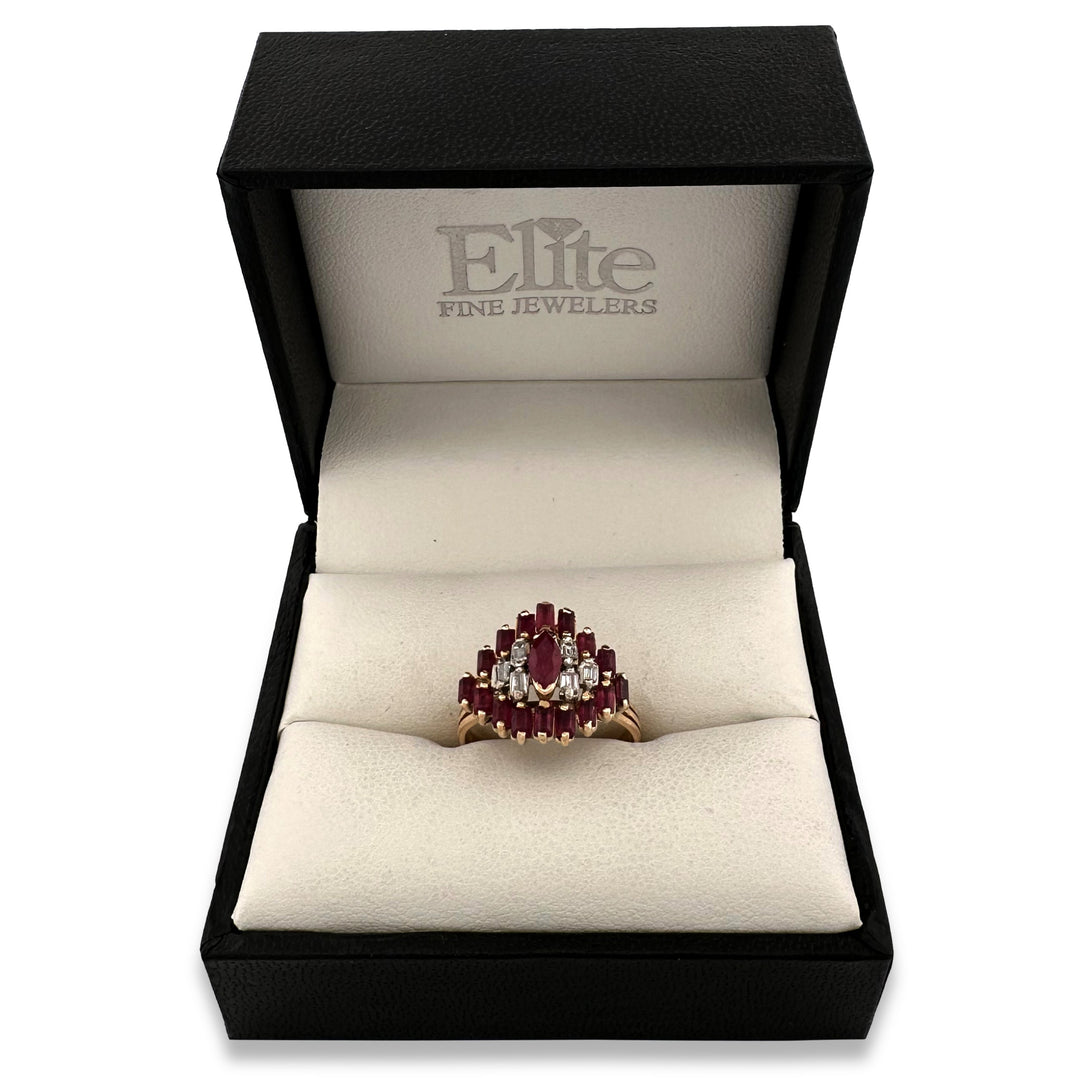 Vintage Ruby and Diamond Baguette Cocktail Ring in 18k Two-Tone Gold