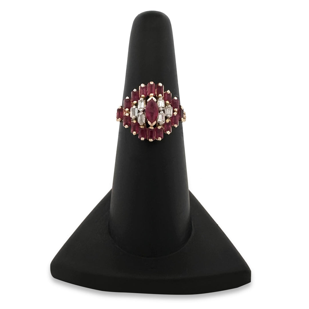 Vintage Ruby and Diamond Baguette Cocktail Ring in 18k Two-Tone Gold
