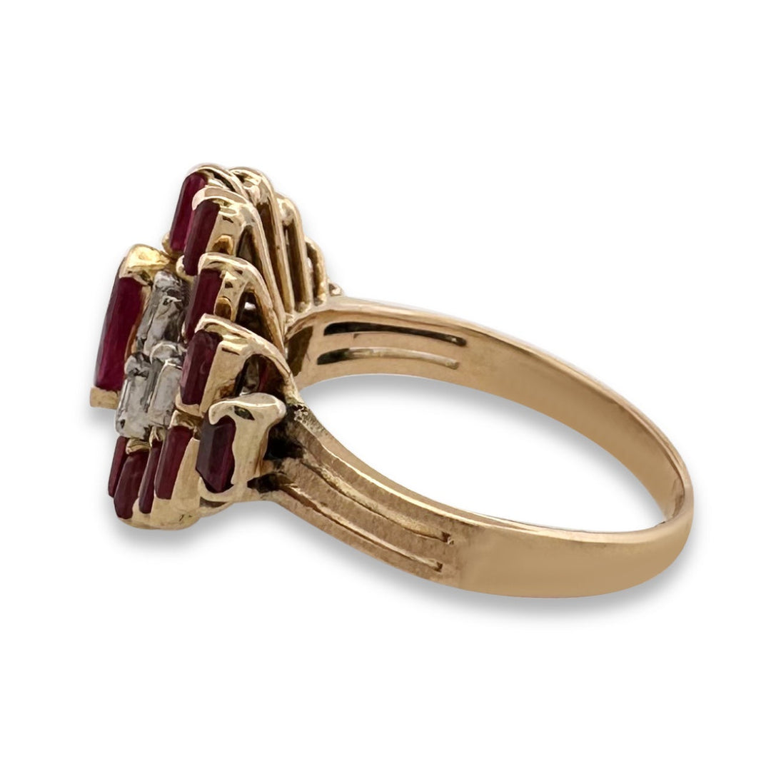 Vintage Ruby and Diamond Baguette Cocktail Ring in 18k Two-Tone Gold