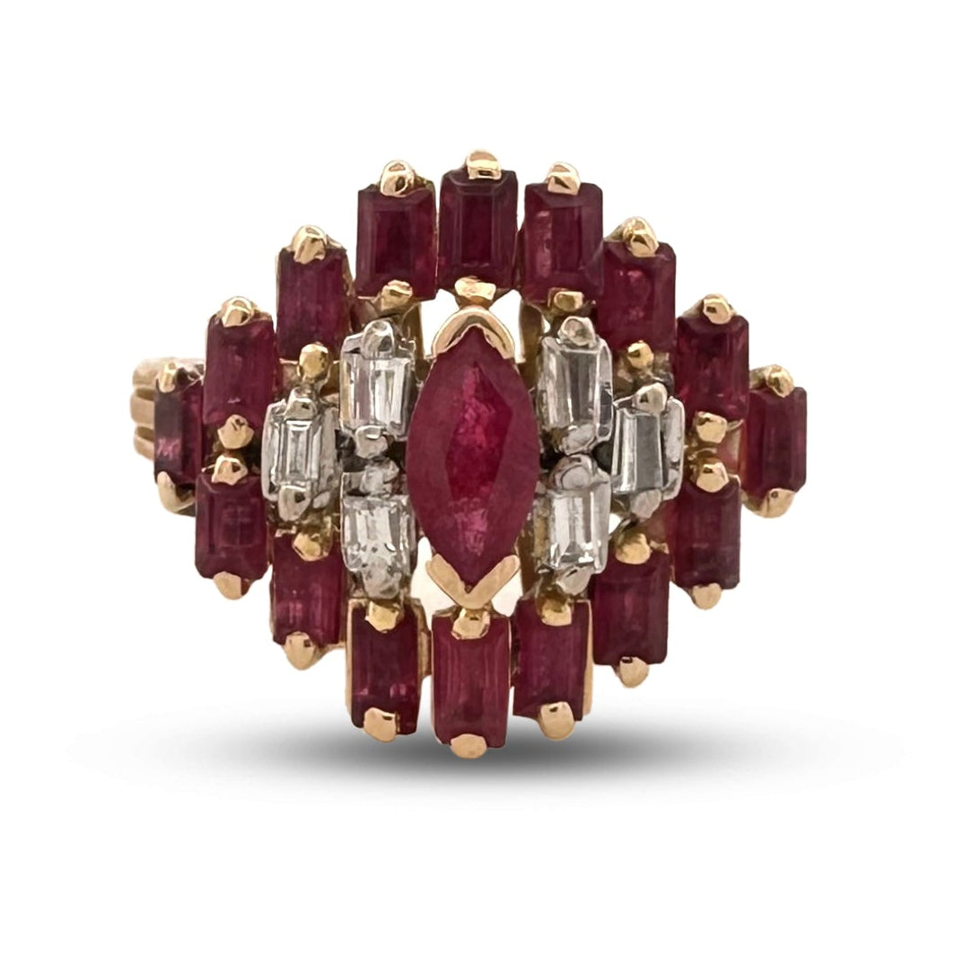 Vintage Ruby and Diamond Baguette Cocktail Ring in 18k Two-Tone Gold