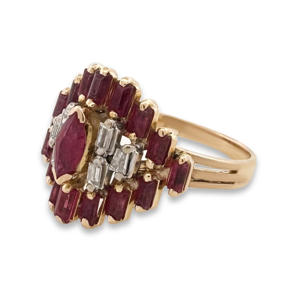 Vintage Ruby and Diamond Baguette Cocktail Ring in 18k Two-Tone Gold