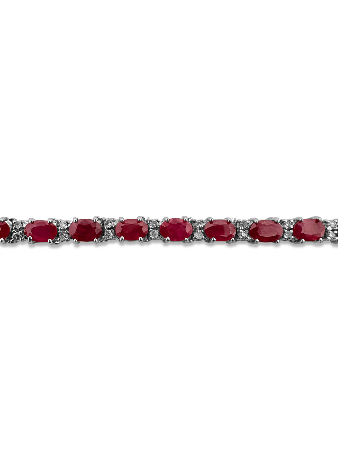 Oval Ruby and Round Brilliant Diamond Line Bracelet in 14k White Gold- Detail