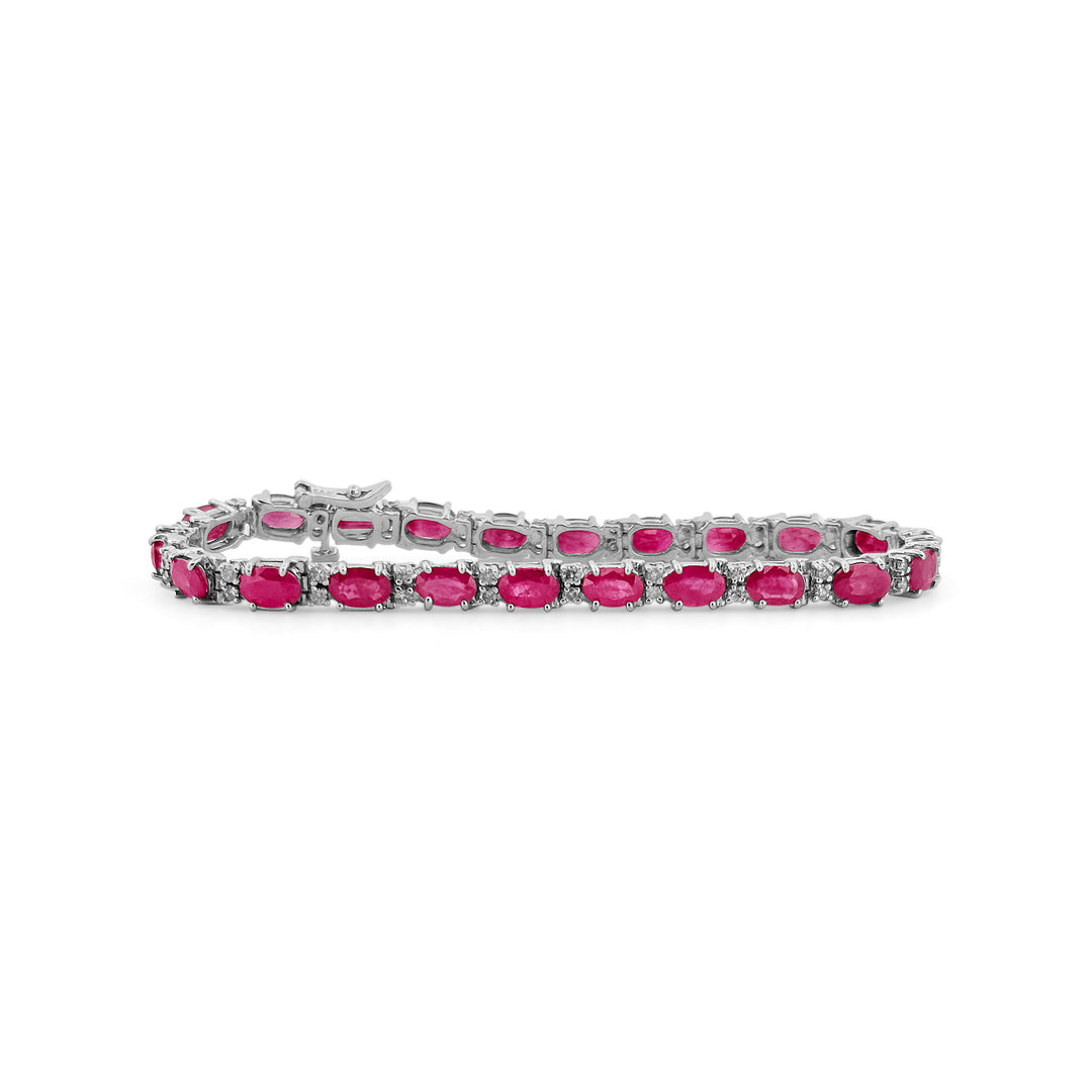 Oval Ruby and Round Brilliant Diamond Line Bracelet in 14k White Gold
