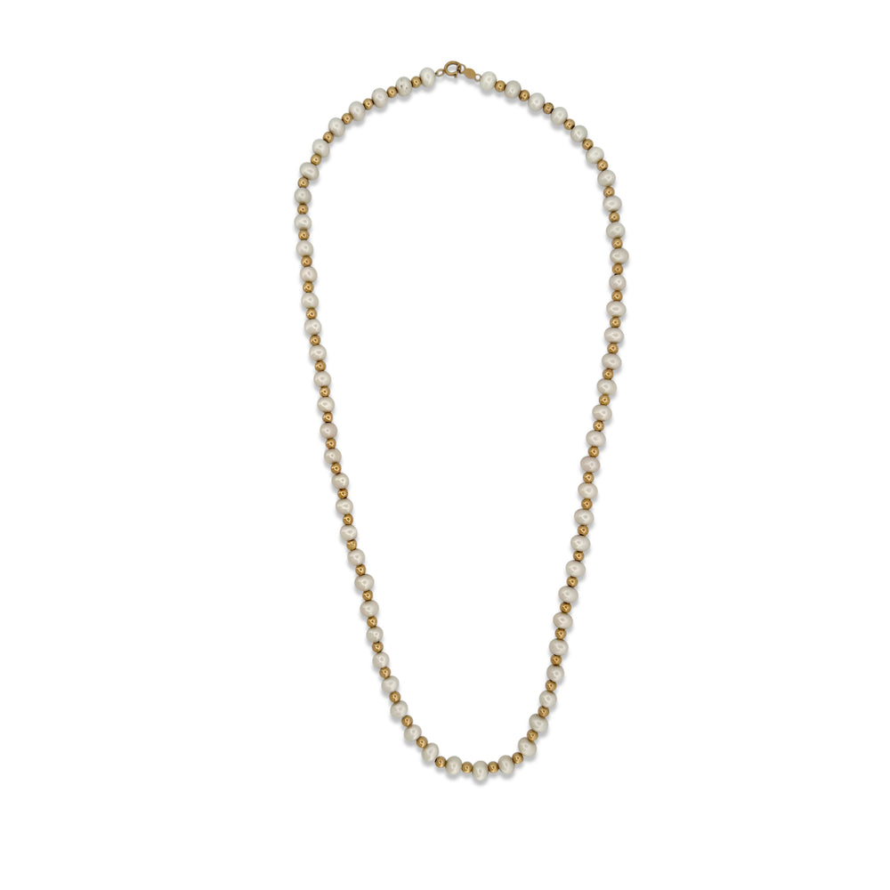 Cultured Pearl and Gold Bead Necklace in 14 Karat Yellow Gold