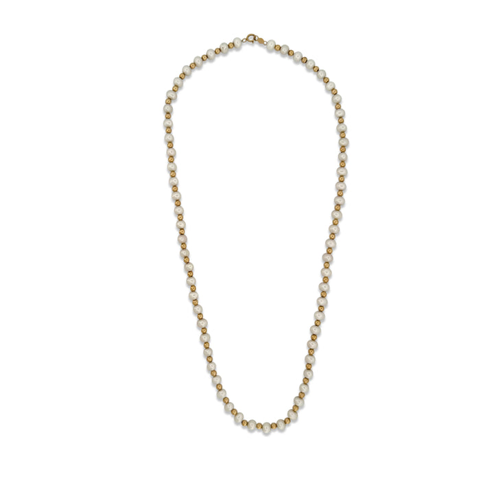 Cultured Pearl and Gold Bead Necklace in 14 Karat Yellow Gold