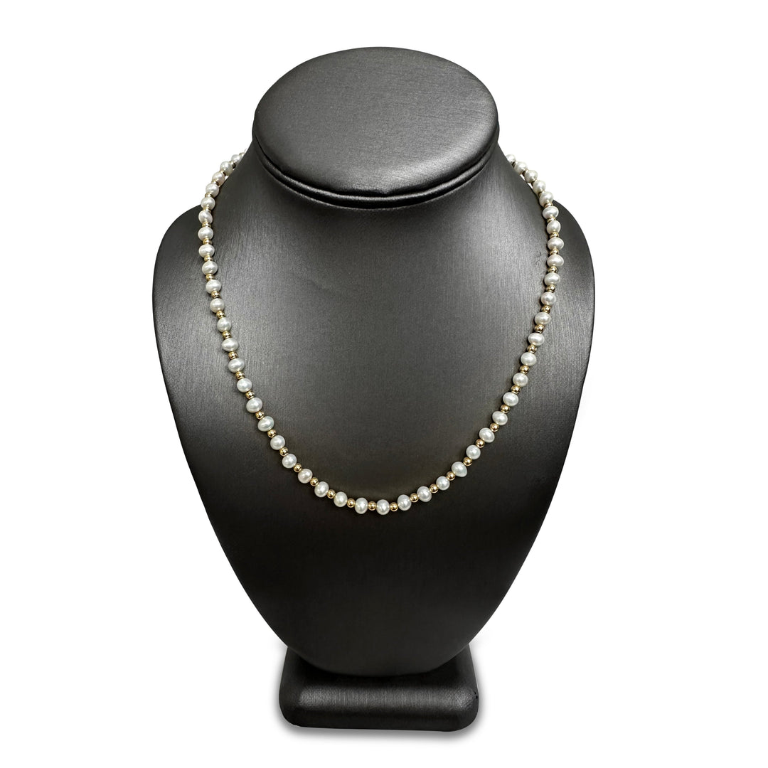 Cultured Pearl and Gold Bead Necklace in 14 Karat Yellow Gold
