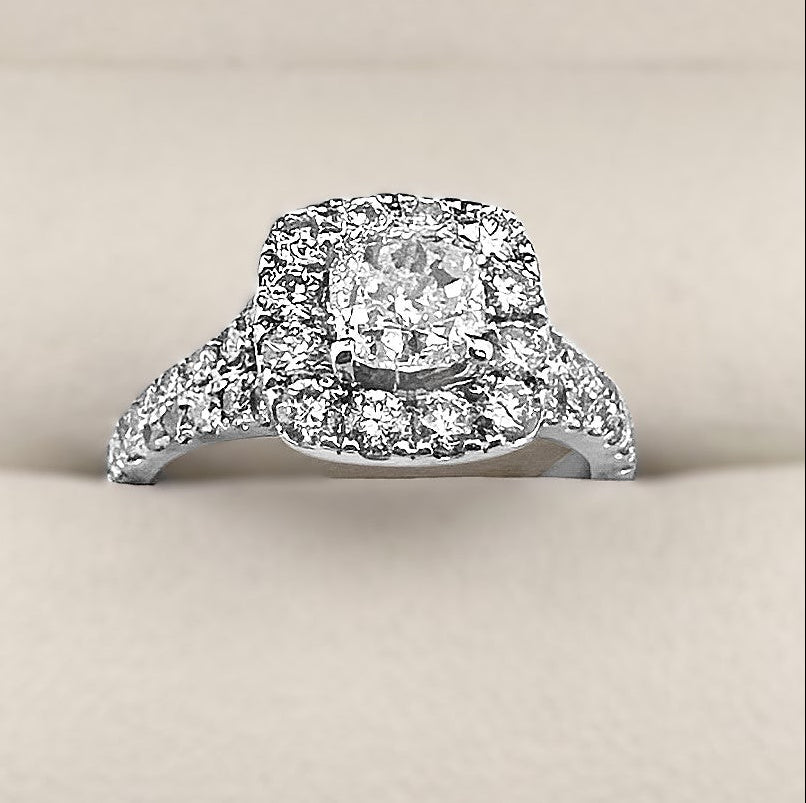 1.50ctw Cushion Cut Natural Diamond Halo Engagement Ring in 14k White Gold by Neil Lane