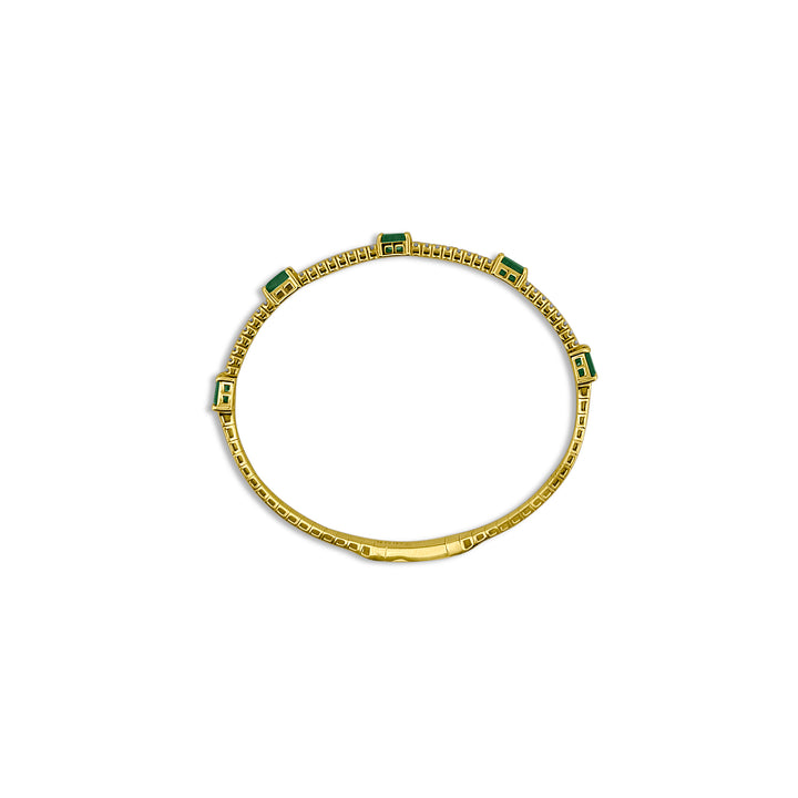 Round Brilliant Diamond & Emerald Station Flex Bangle Bracelet in 14k Yellow Gold