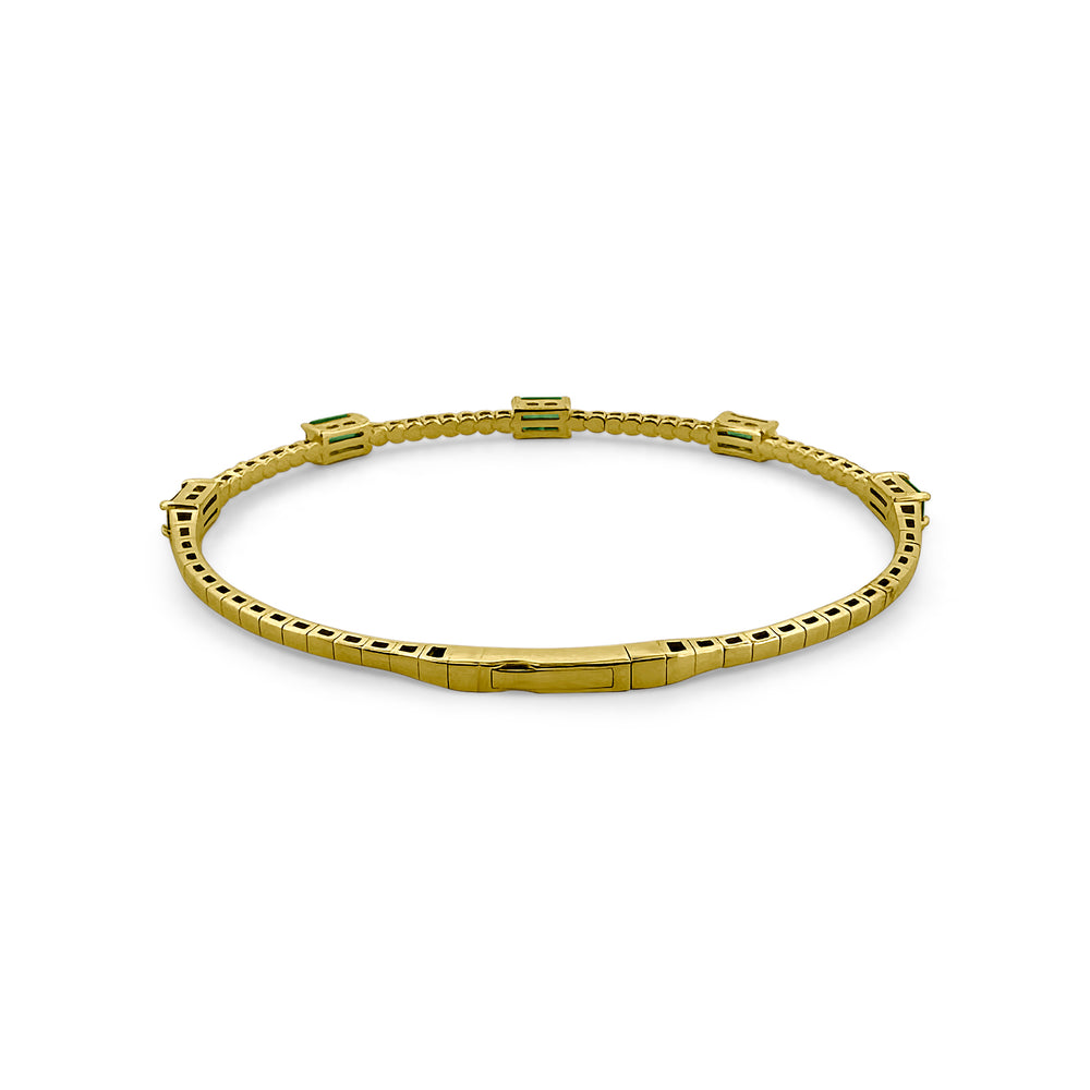 Round Brilliant Diamond & Emerald Station Flex Bangle Bracelet in 14k Yellow Gold