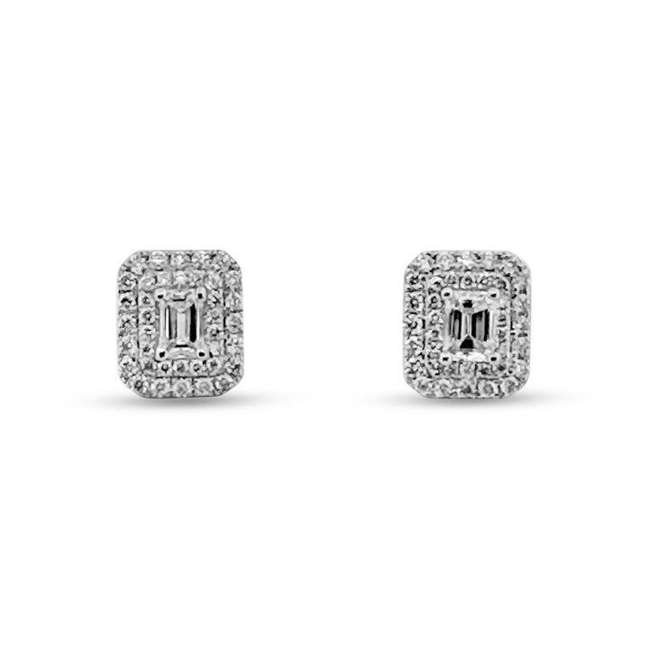 Emerald Cut with Double Halo Natural Diamond Earrings in 14k White Gold