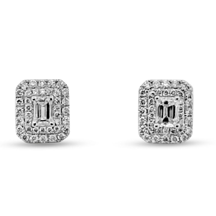 Emerald Cut with Double Halo Natural Diamond Earrings in 14k White Gold